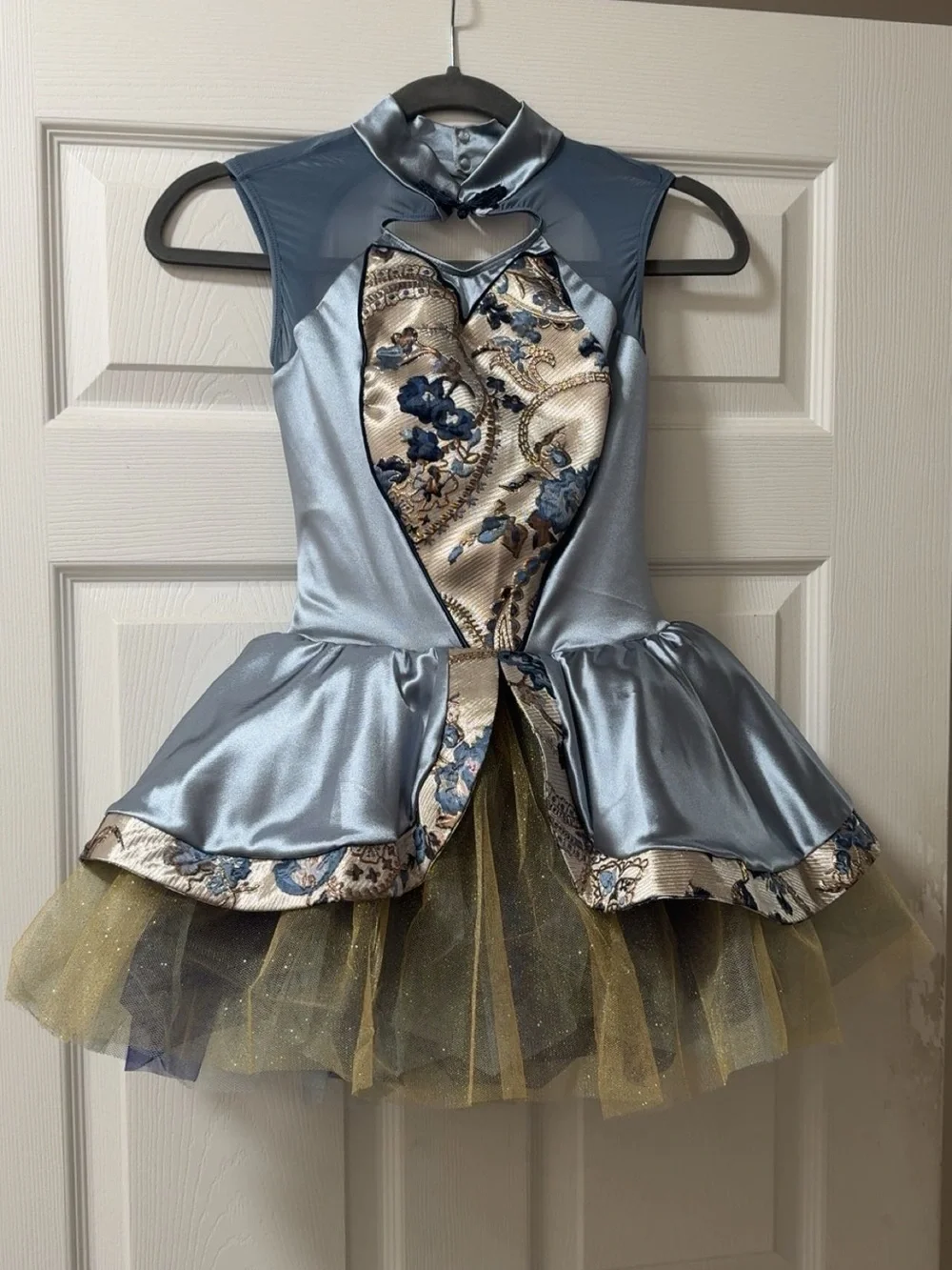 Girls Blue Satin and Gold Tulle Dance Costume Dress